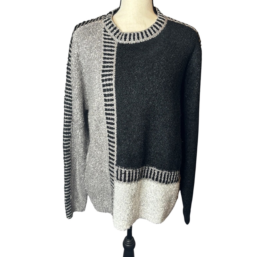 Fun Sport Color Block Knit Sweater Striped Trim Gray Black Womens Large